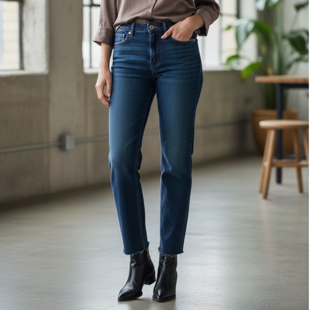 L'AGENCE Milana Low Rise Stovepipe Jeans Dark Wash Raw Hem 100% Cotton Size 25